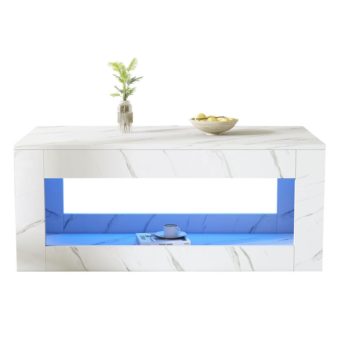 COUCHTISCH 100/50/50 cm mit USB-LED-Beleuchtung, Hochglanz und Marmordekor, Weiß - Weiß, Holzwerkstoff (100/50/50cm) - Redom
