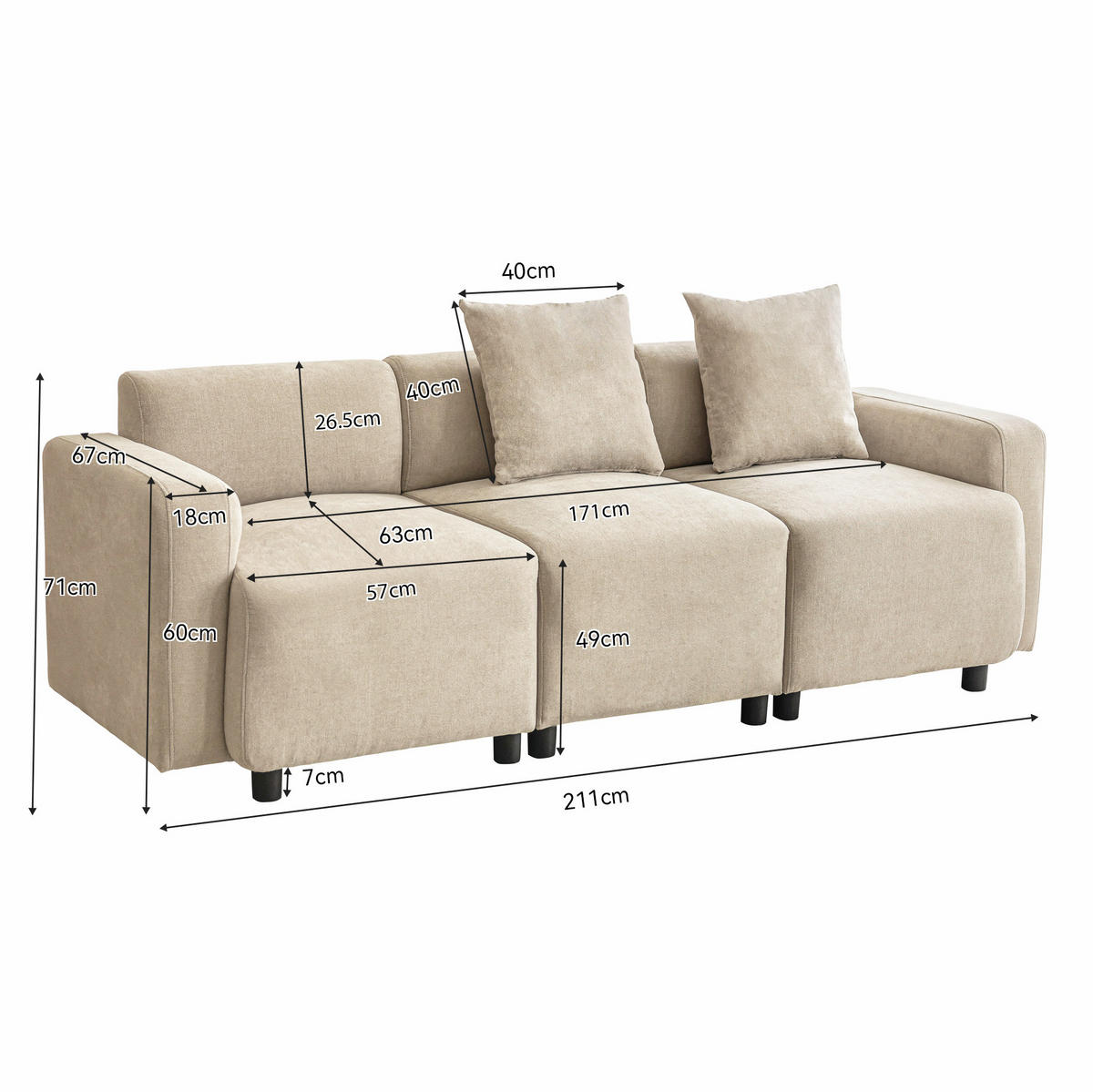 SOFA 3-Sitzer 211 x 67 x 71 cm Chenille Beige mit 2 Kissen - Beige, Kunststoff (211/71/67cm) - Meubliv