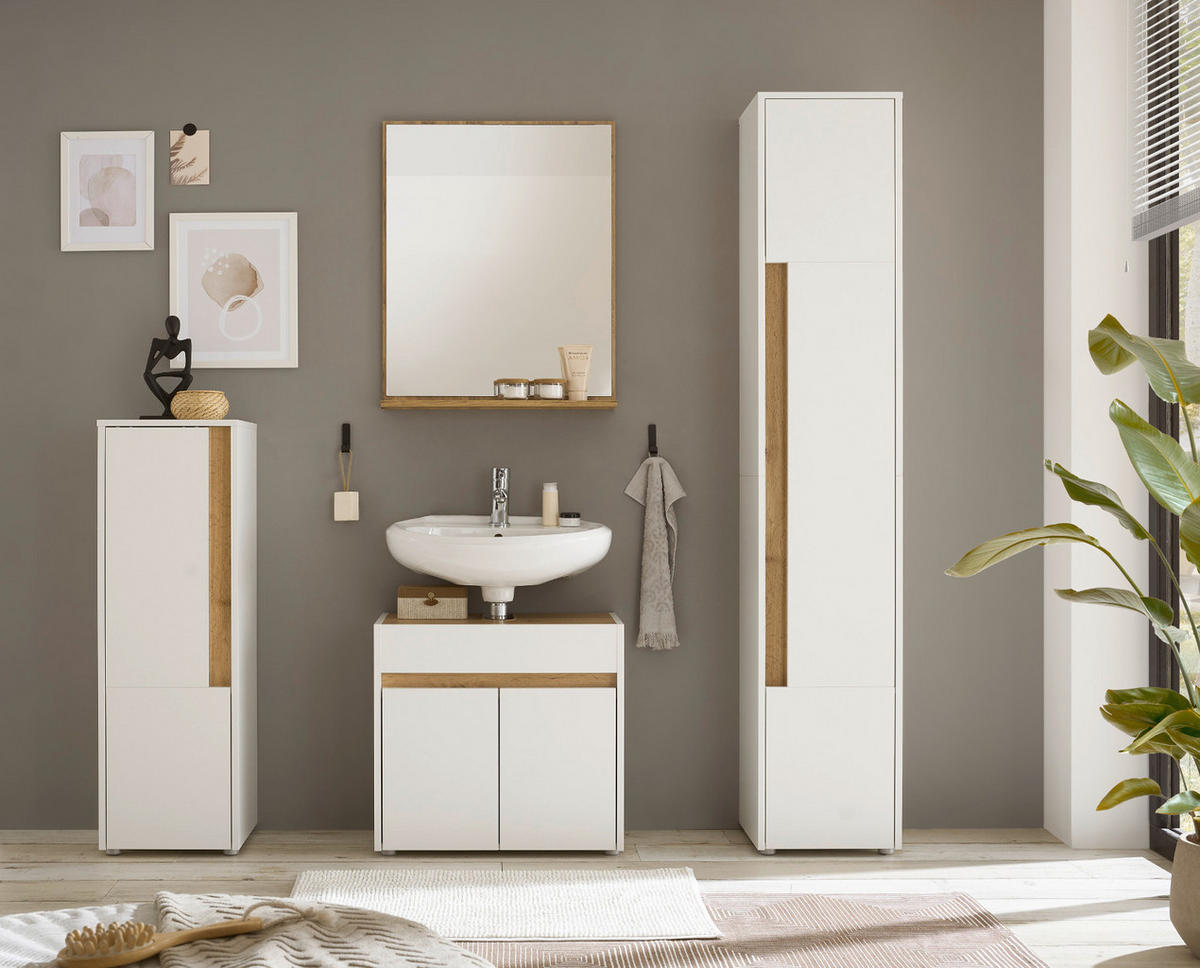 BADMÖBEL-SET 4-teilig weiß, Wotan Eiche, Badkombination 168 cm - Silberfarben/Eiche Wotan, Glas/Holz (171/200/34cm) - Furn.Design