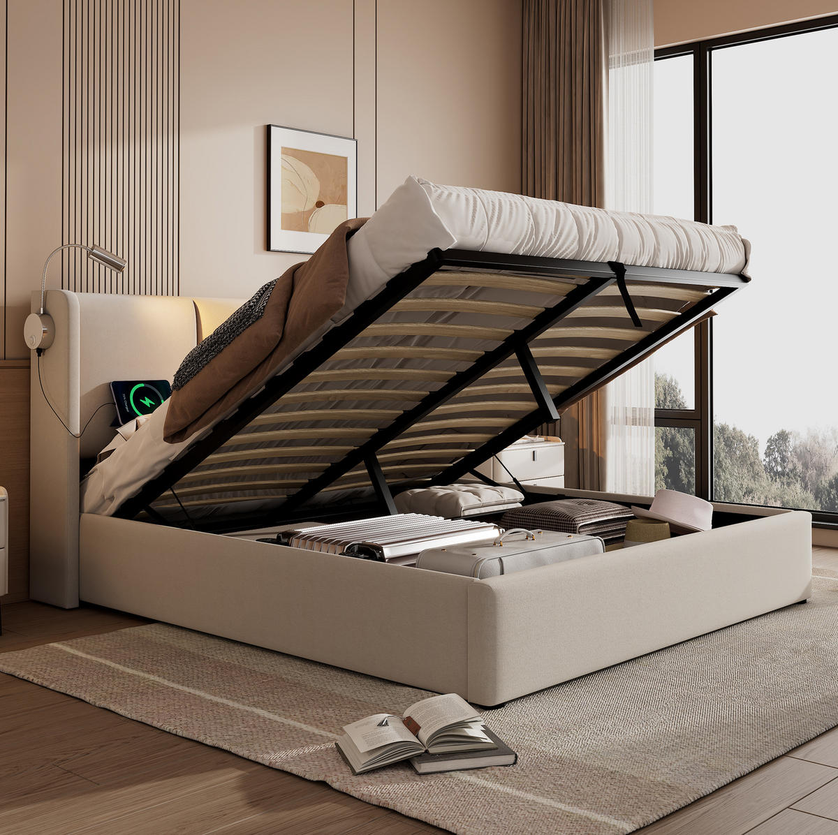 POLSTERBETT 180/200 cm Beige mit LED und USB-Ladefunktion - Beige, Textil (180/200cm) - MIVRAY