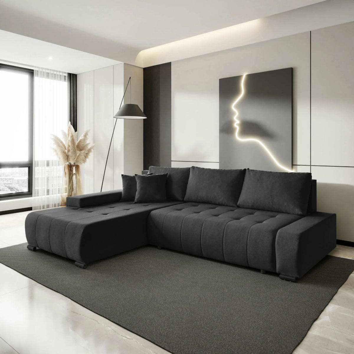 ECKSCHLAFSOFA Draco L Schwarz - Schwarz, Textil/Metall (268/183cm) - Beautysofa