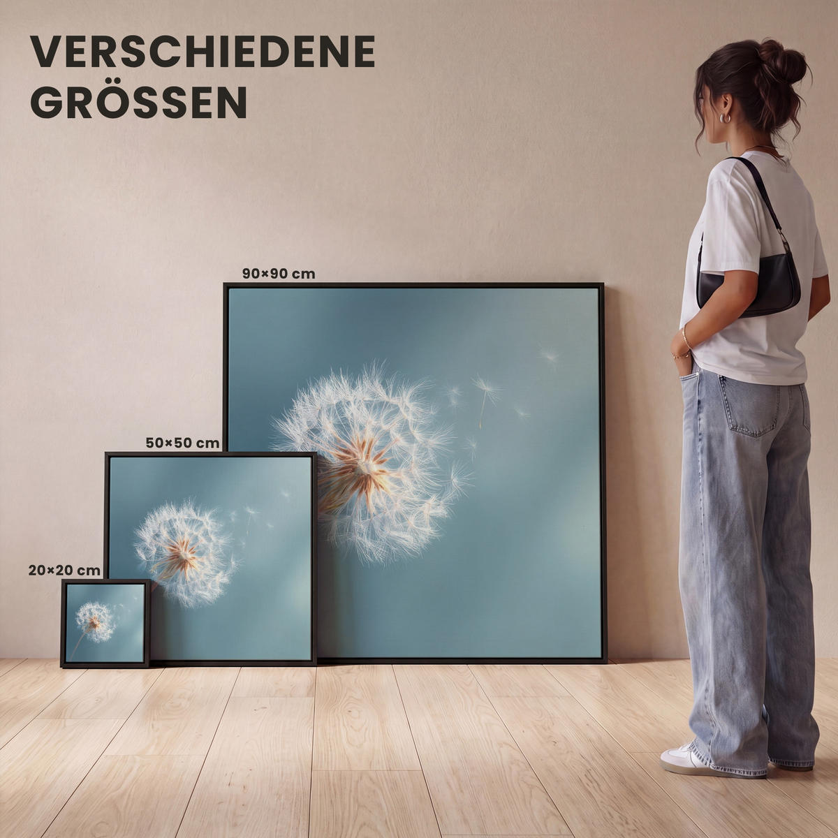 LEINWAND Bilder mit Rahmen - Löwenzahn - Wind - Blau - 90x90 - Blaugrau, Textil (90/90cm) - MuchoWow