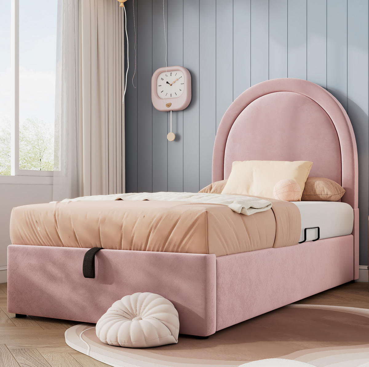 KINDERBETT Polsterbett 90/200 cm aus Samt mit Bettkasten und hydraulischem Lattenrost Rosa - Rosa, Textil (90/200cm) - Modenvie