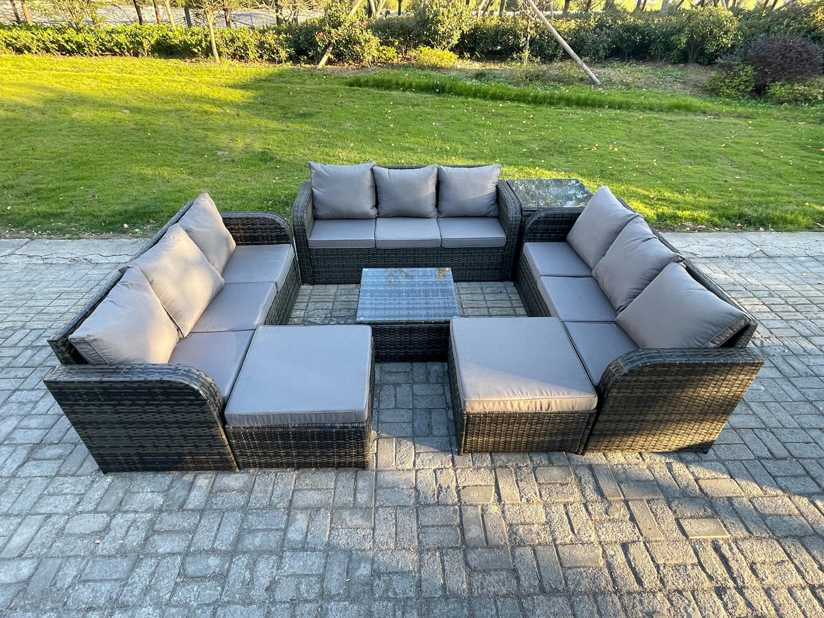 GARTENMÖBELGARNITUR mit KISSEN Polyrattan Dunkelgrau 11-Sitzer - Dunkelgrau/Grau, Glas/Kunststoff - Fimous