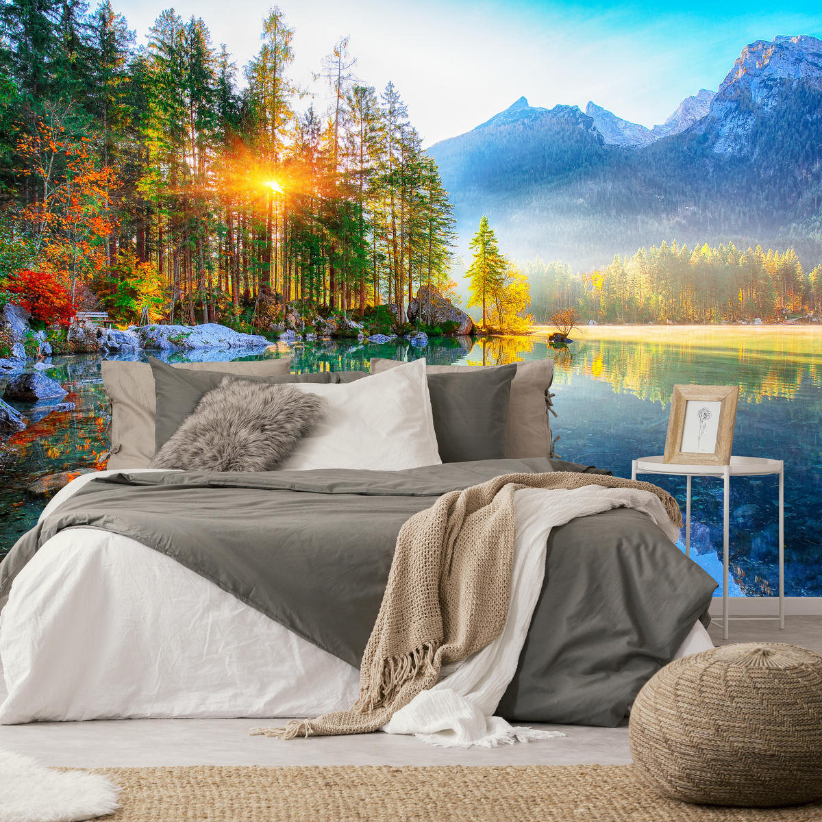 FOTOTAPETE für Schlafzimmer See Berge Bäume Sonnenuntergang Natur 350x256 - Gelb/Rot, Papier (350/256cm) - Muralo