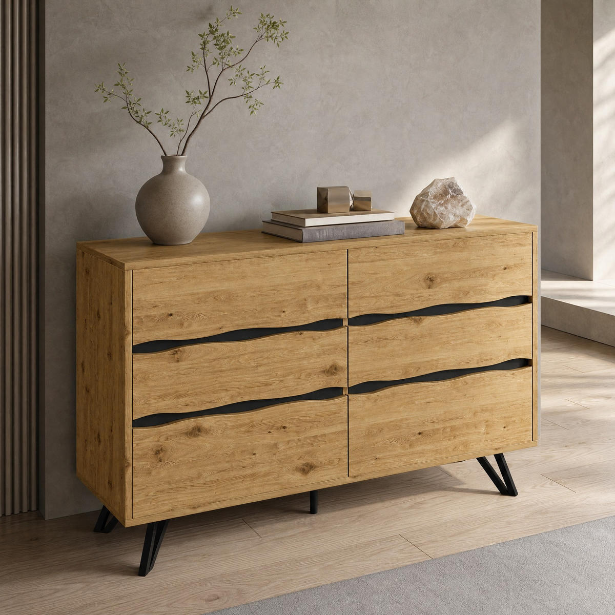 SIDEBOARD in Holzoptik Kommode mit Metallbeinen für Wohnzimmer und Esszimmer, B120/T40/H75.5 cm - Schwarz/Naturfarben, Holzwerkstoff/Metall (120/75.5/40cm) - STILVORA