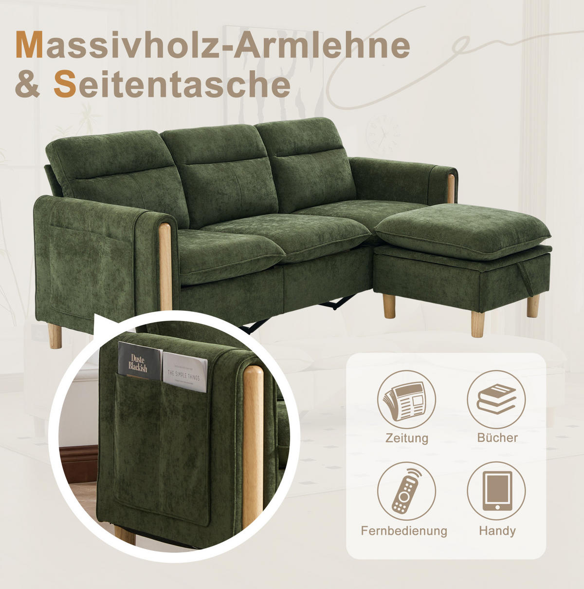 SOFA 201/77/86 cm, 3-sitzig, aus Chenille mit Stauraumhocker - Grün, Textil (77/86/201cm) - Flora Grace