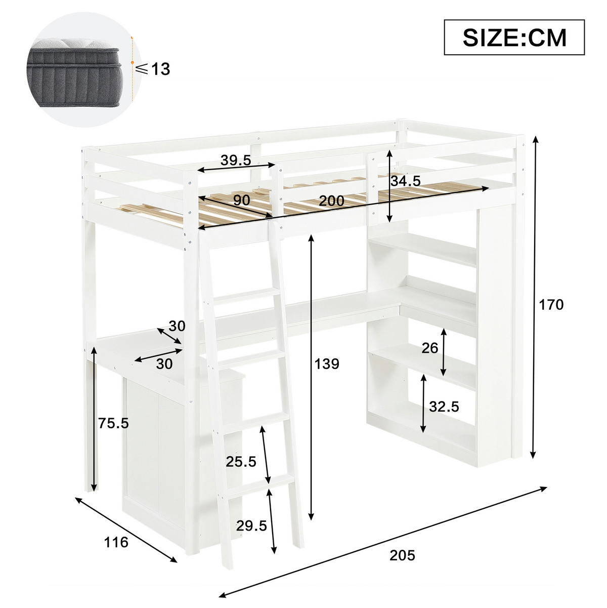 HOCHBETT Weiß 90/200 cm mit Ablageregal und Sicherheitsgeländer ohne Matratze - Weiß, Holz (90/200cm) - MIVRAY