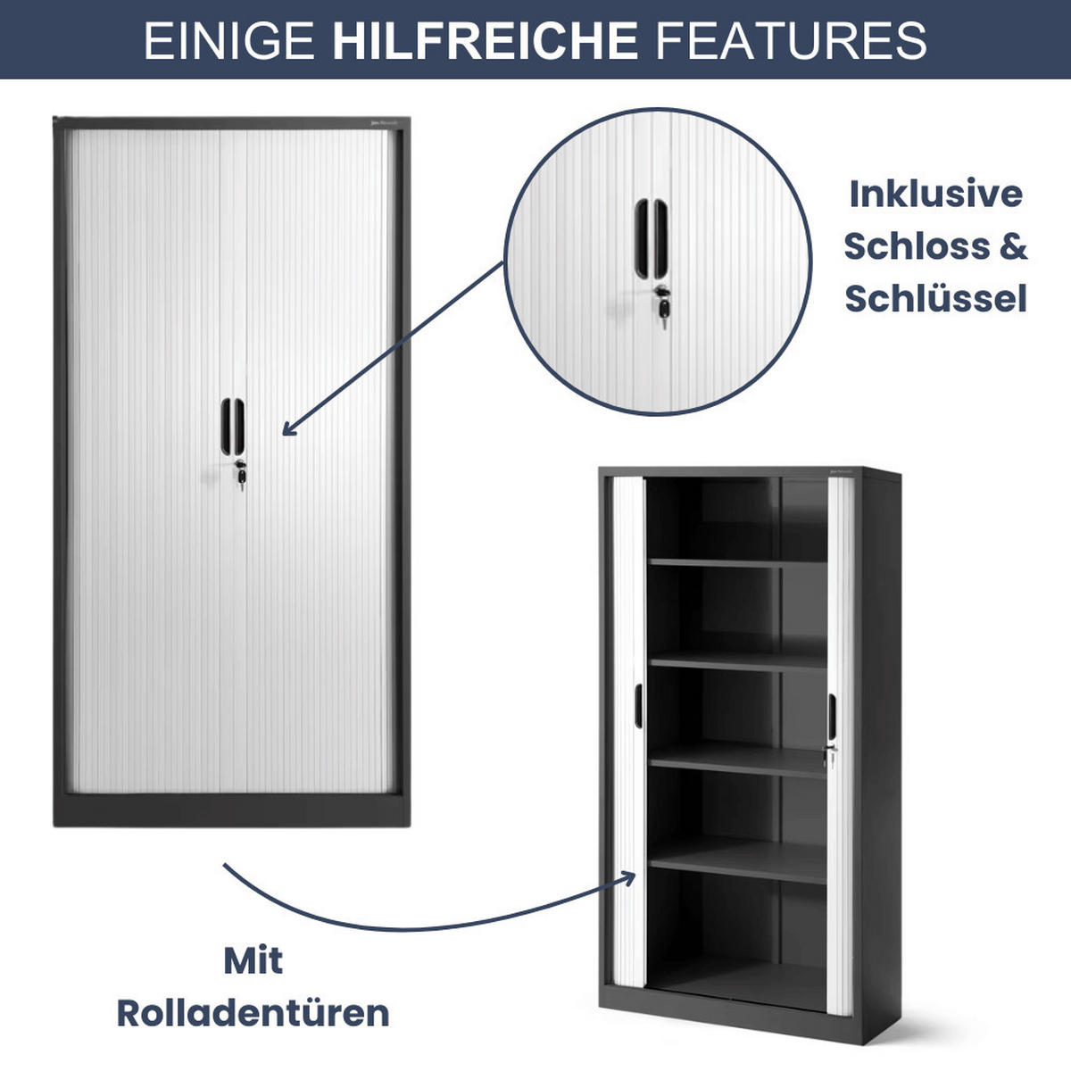 AKTENSCHRANK abschließbar KETI mit Rolladentüren 185x90x45cm Anthrazit-Weiß - Anthrazit, Metall (90/185/45cm) - DELUKE