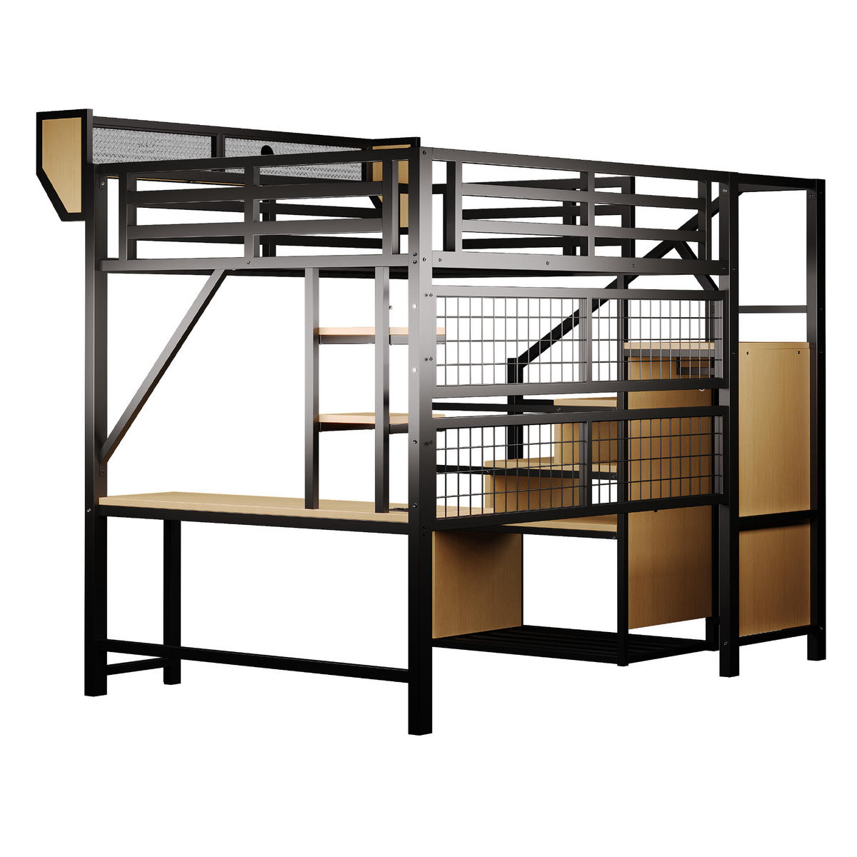 HOCHBETT 140/200 cm in Schwarz mit LED, Steckdose, Schreibtisch, Regal und Sicherheitsleiter - Schwarz/Naturfarben, Holzwerkstoff/Metall (140/200cm) - CHICFURN