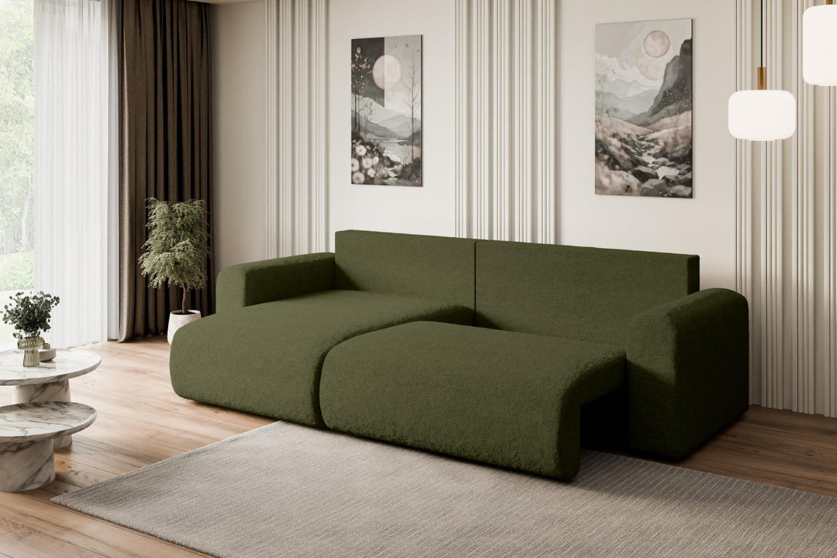 ECKSOFA mit Schlaffunktion und Bettkasten ORRO-L - 272x145x83 cm Grün Bouclé - Schwarz/Grün, Holzwerkstoff/Kunststoff (272/145cm) - ALTDECOR
