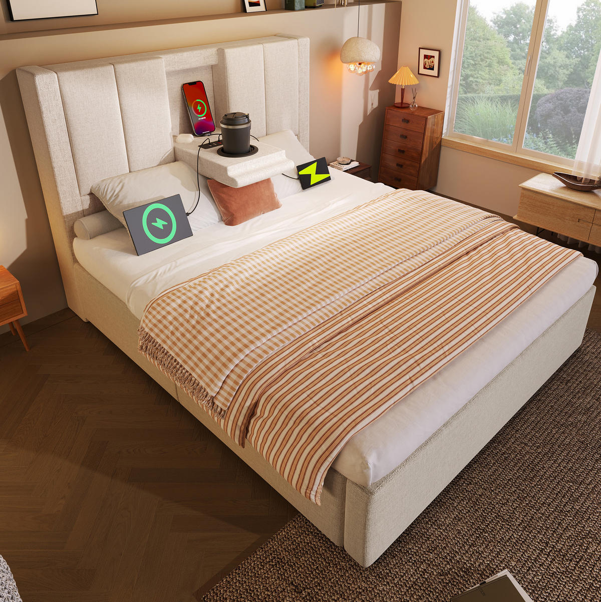 POLSTERBETT mit Stauraum & Ladestation 90x200 cm Leinen Beige - Beige, Metall (90/200cm) - Meubliv
