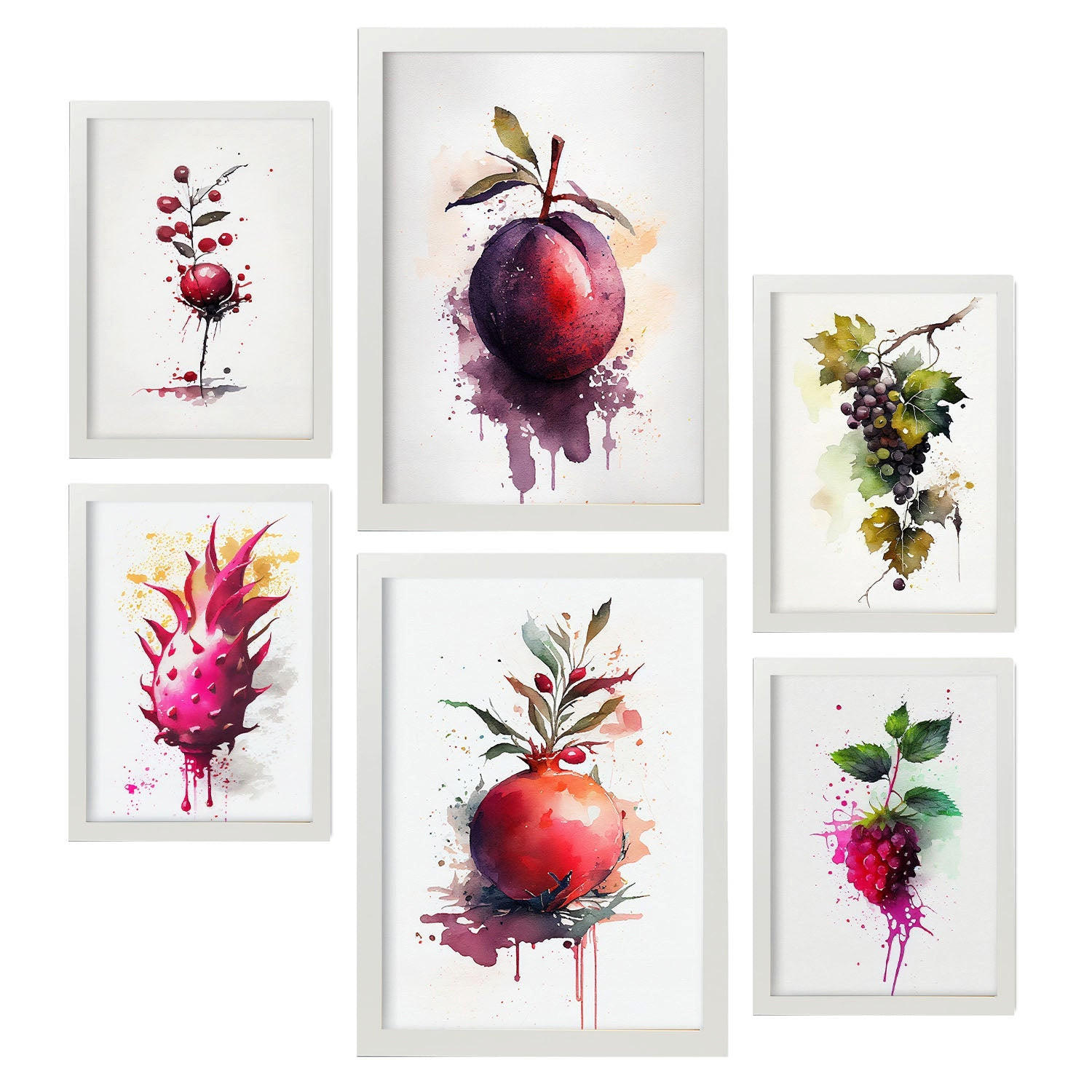 POSTER Set Mit 6 Lila Früchte Plakate Von Obst, Gemüse & Gesunden Lebensmitteln Im Aquarell Kunst Auf Reinweißen Hintergründen A3 & A4 Weißer Rahmen - Weiß, Papier (29/3cm) - Nacnic