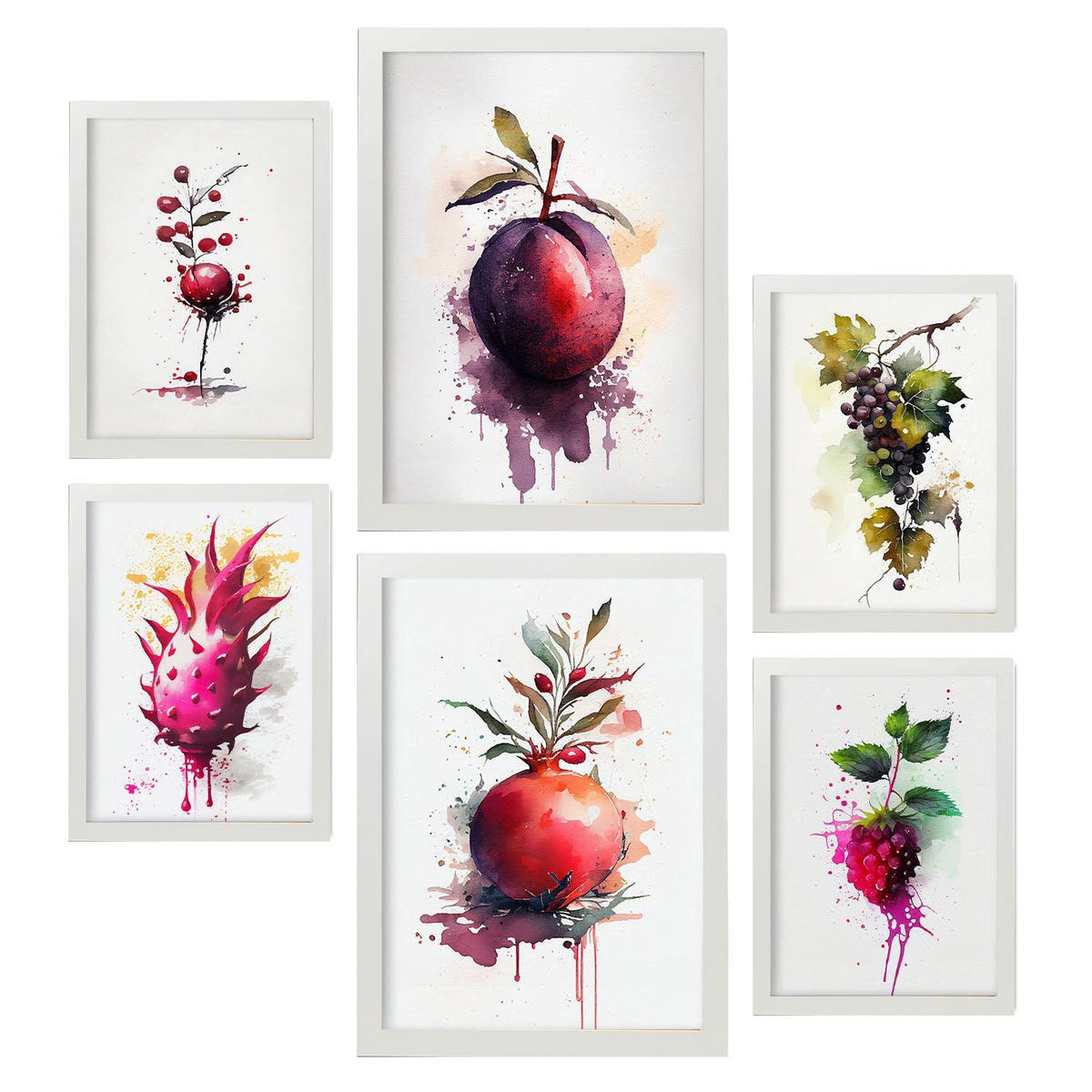 POSTER Set Mit 6 Lila Früchte Plakate Von Obst, Gemüse & Gesunden Lebensmitteln Im Aquarell Kunst Auf Reinweißen Hintergründen A3 & A4 Weißer Rahmen - Weiß, Papier (29/3cm) - Nacnic
