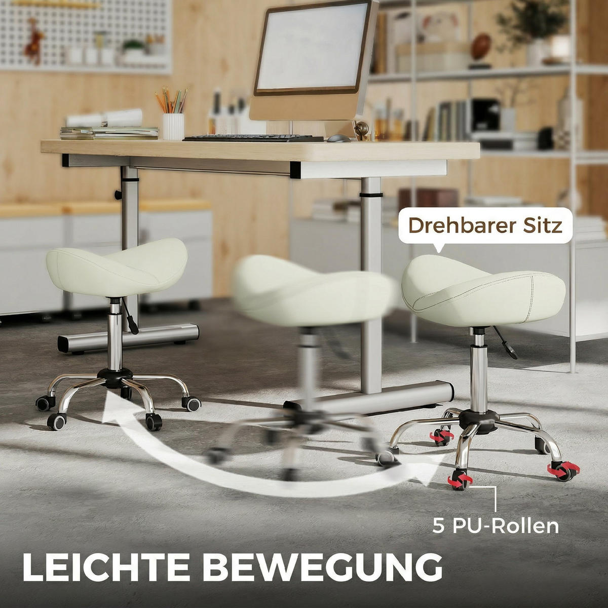 DREHHOCKER DE-09912 höhenverstellbar, PU-Leder Cremeweiß - Creme, Metall (48/71/48cm) - ComfortXL