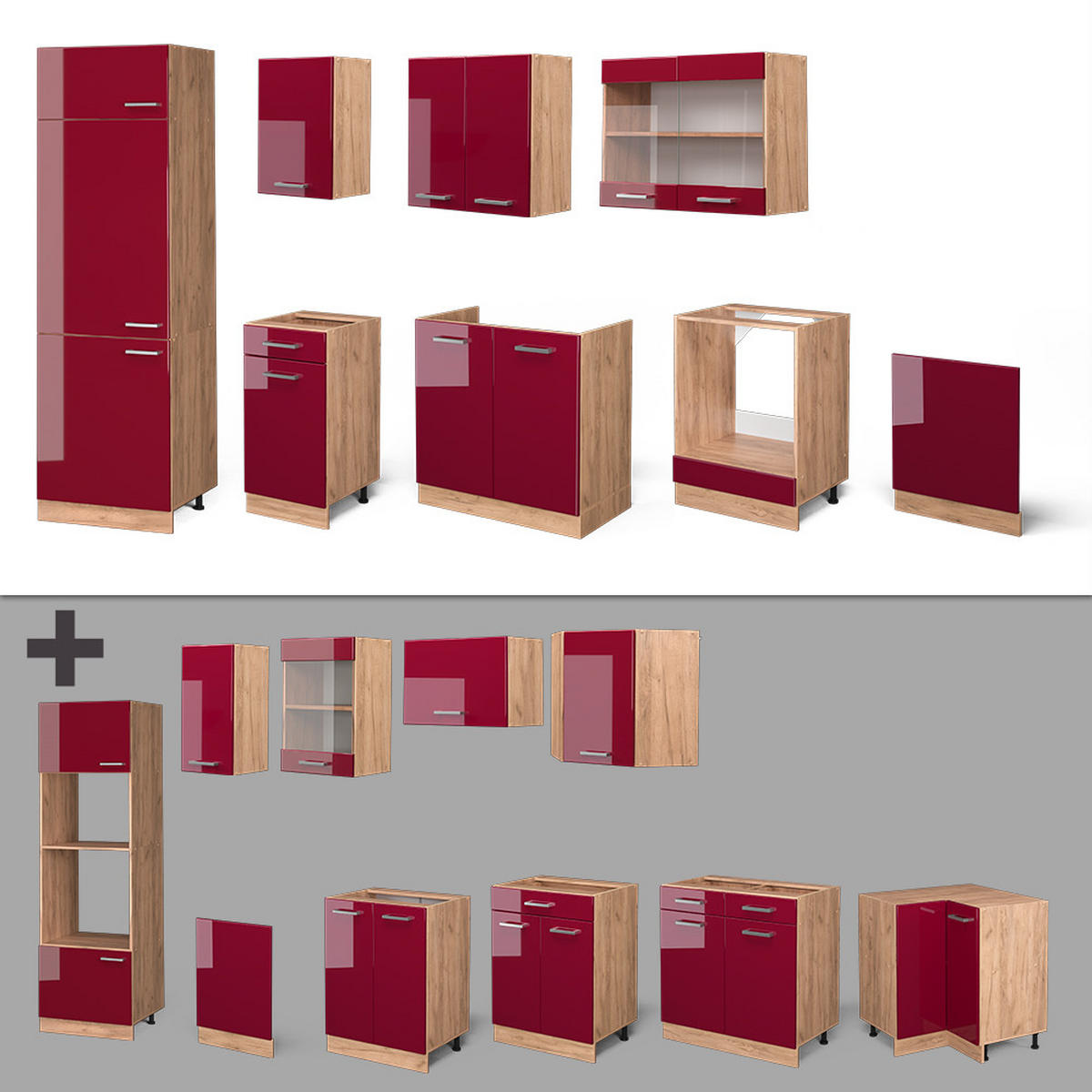 KÜCHENZEILE R-Line Rot Hochglanz/Goldkraft Eiche 300 cm , AP Eiche - Rot/Eiche Wotan, Holzwerkstoff (300/81.6/60cm) - Vicco