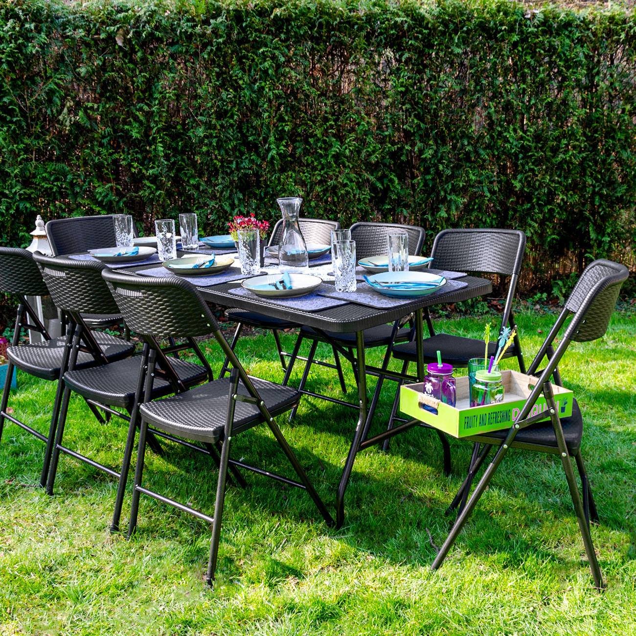 GARTEN-SITZGRUPPE für 8 Personen, 180/74cm, Rattan - Schwarz, Kunststoff - Amanka