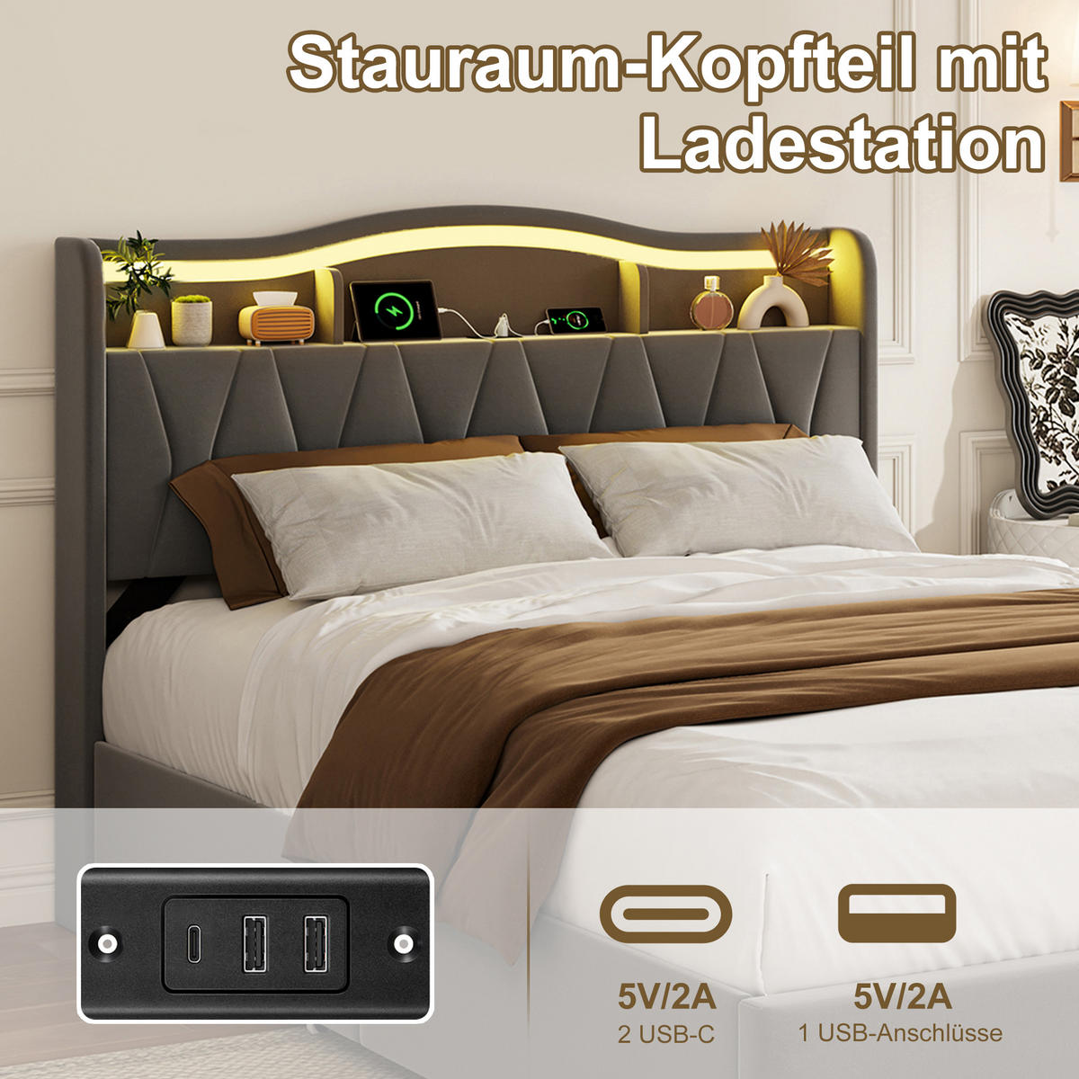 POLSTERBETT 140/200 cm mit Stauraumschubladen, aufklappbarem Kopfteil, Ablagefach mit mehrfarbigem LED & USB, LED-Leiste am Bettfuß - Grau, Holz/Metall (140/200cm) - Joyfair