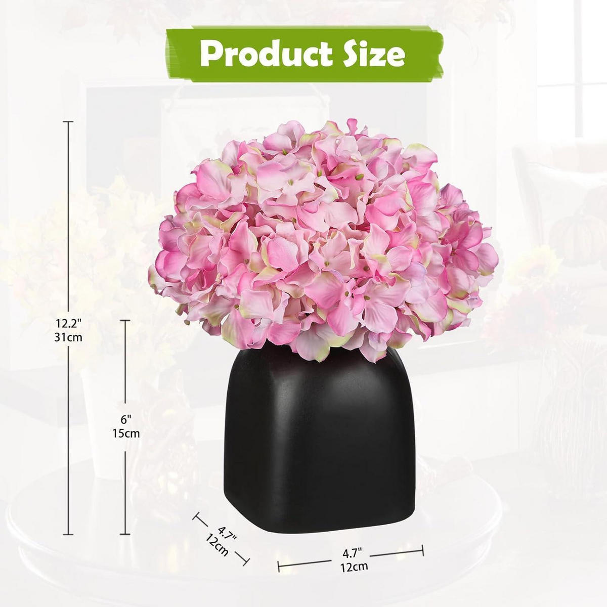 KUNSTBLUMEN Hortensien mit Beeren in schwarzer Keramikvase 31 cm - Rosa, Keramik (33cm)