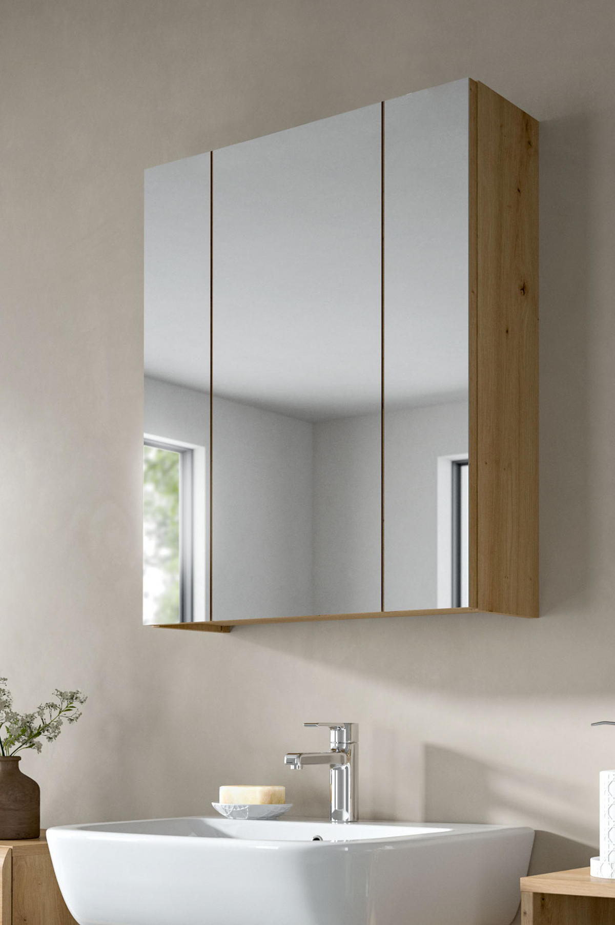 SPIEGELSCHRANK Artisan Eiche, Badschrank 3-türig, 60 x 70 cm - Eiche Artisan, Glas/Holzwerkstoff (60/70/18cm)