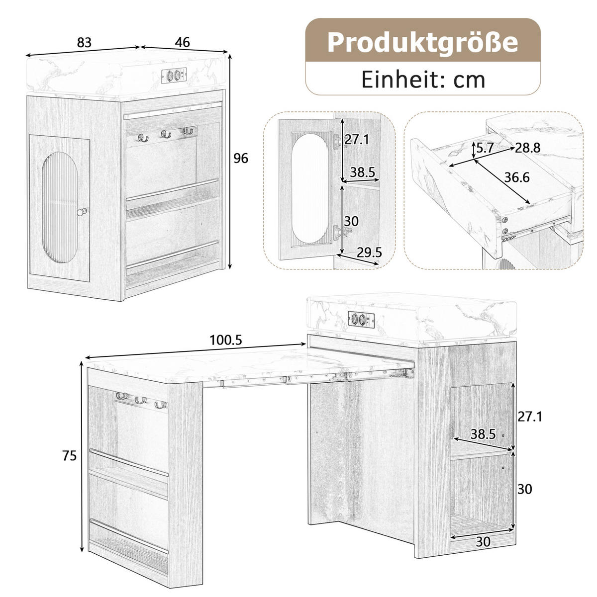 KUHINJSKI otok 83/46–146,5/96 cm z izvlečno zložljivo ploščo, vtičnicami in steklom, MDF, Naravna - naravne barve, leseni material (83/96/46cm) - Redom