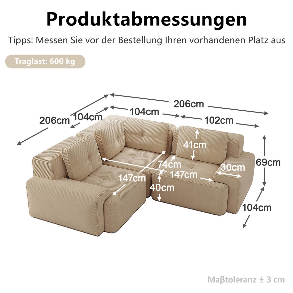ECKSOFA DE-34221 modular mit Tiefsitz Beige - Beige, Textil (104/177cm) - ComfortXL