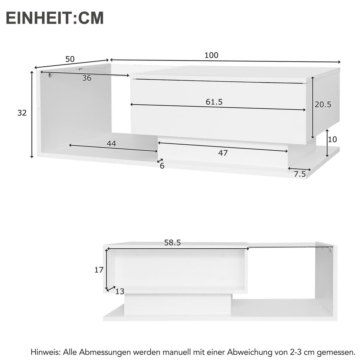 COUCHTISCH aus Spanplatte 100x50x32 cm Weiß mit Glasplatte, Schublade und LED-Beleuchtung - Weiß, Holzwerkstoff (100/50/32cm) - IVMEU