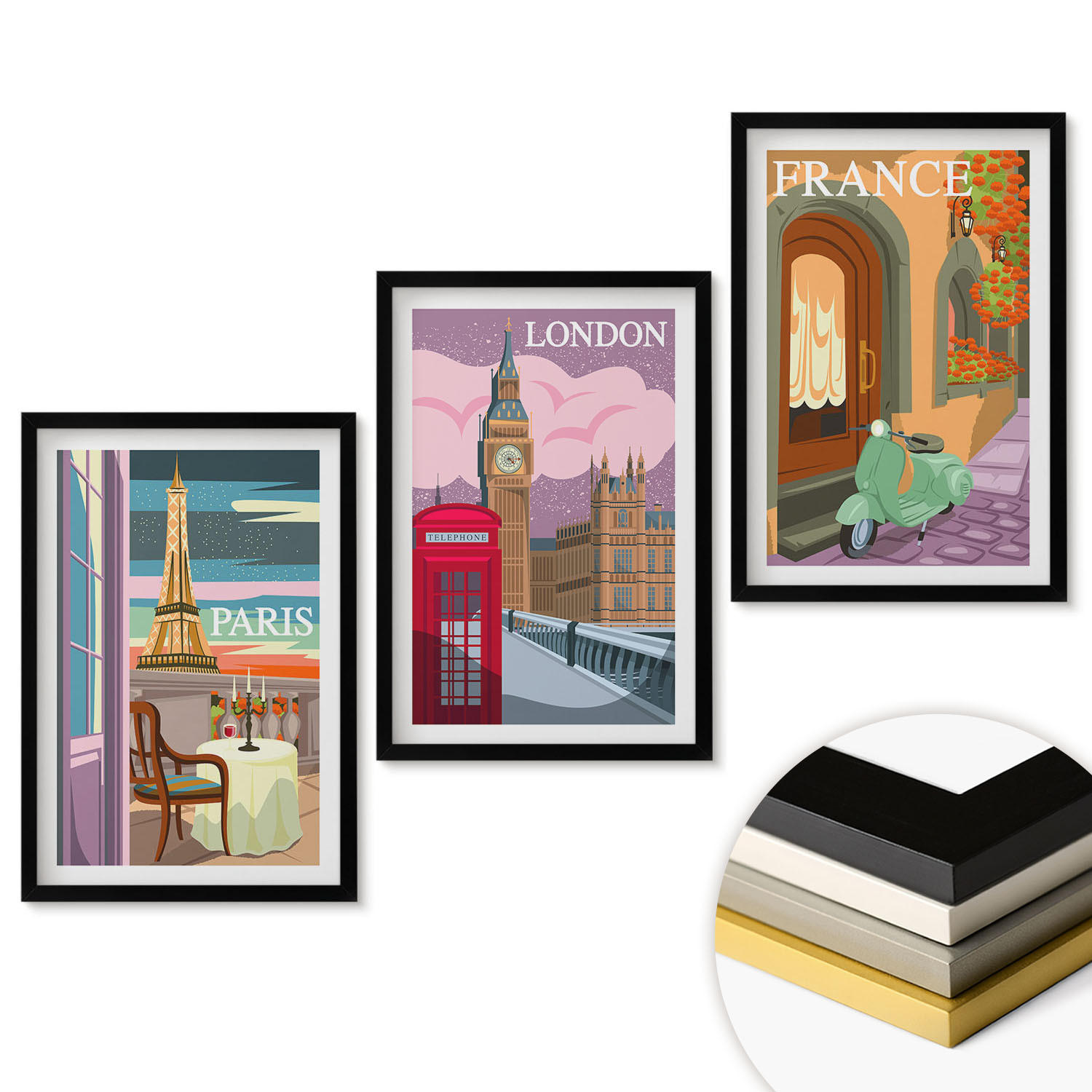 WANDBILDER 3er-Set - 40x60 cm Schwarzer Rahmen - Ansichten Paris London Retro - Schwarz, Kunststoff (40/60cm) - ArtPrintCave