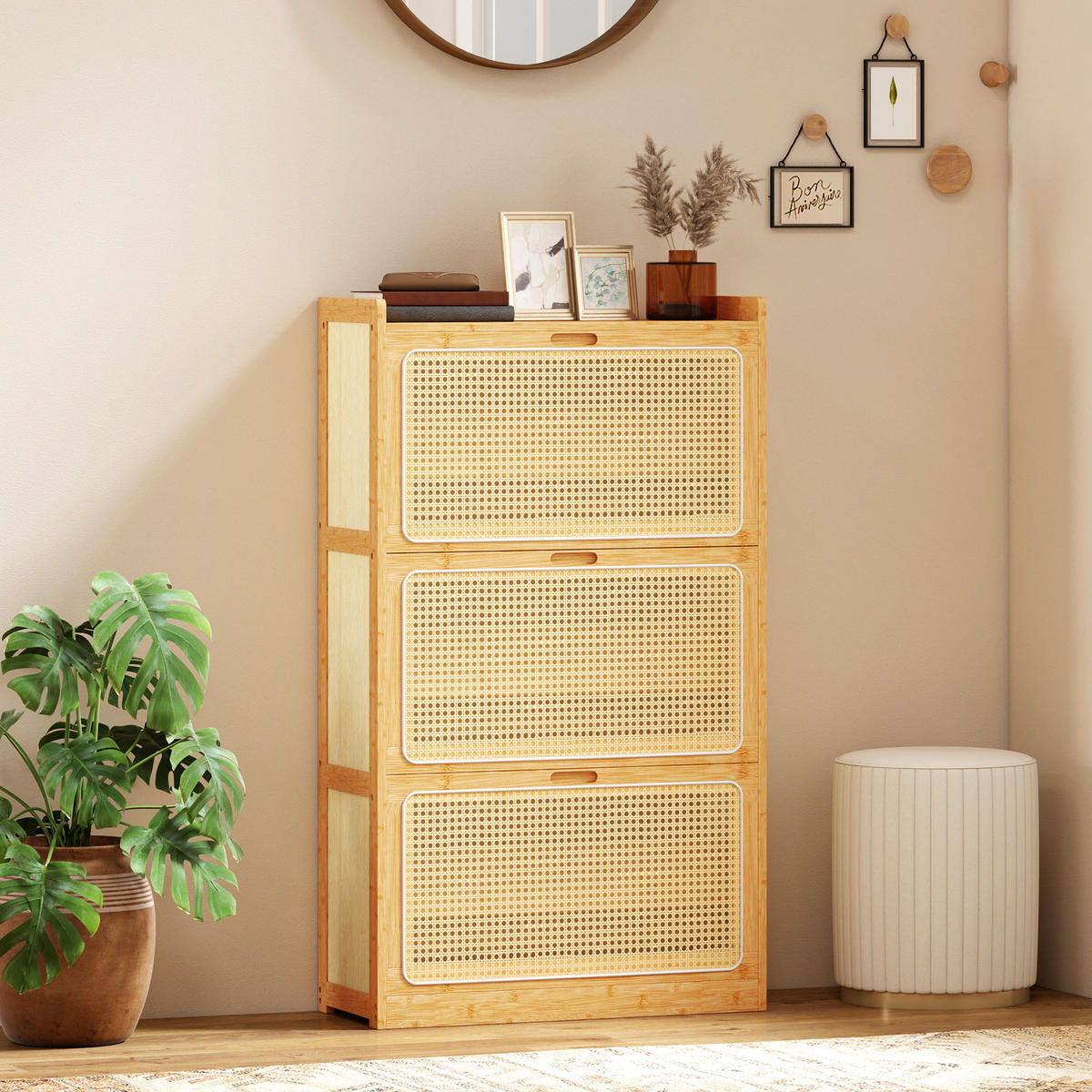SCHUHSCHRANK,3 Klappschubladen für 14 Paar 69x29x119,8cm,naturholz - Beige, Holzwerkstoff (69/119.8/29cm) - Vallsero