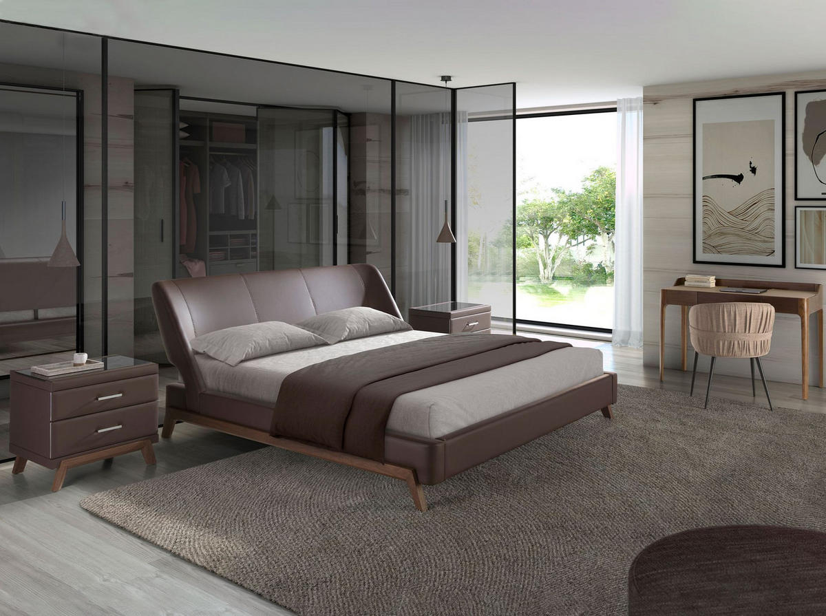 NACHTSCHRANK Nachttisch aus Kunstleder, Nussbaum mit schwarzer Glasplatte 60/46/56 cm - Walnussfarben/Schwarz, Holz (60/56/46cm) - ANGEL CERDA