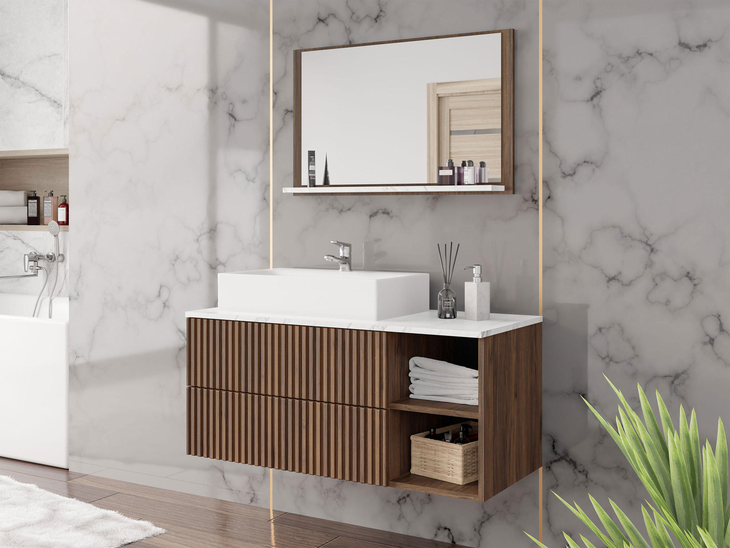 BADMÖBEL-SET Kertos Rillen I - Braun, Holzwerkstoff (100/57/45cm) - MIRJAN24