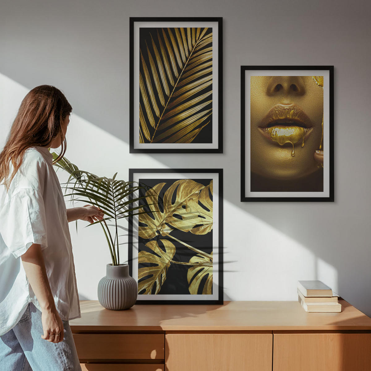 WANDBILDER 3er-Set - 40x60 cm Schwarzer Rahmen - Mund einer Frau mit Monstera-Palme - Schwarz, Kunststoff (40/60cm) - ArtPrintCave