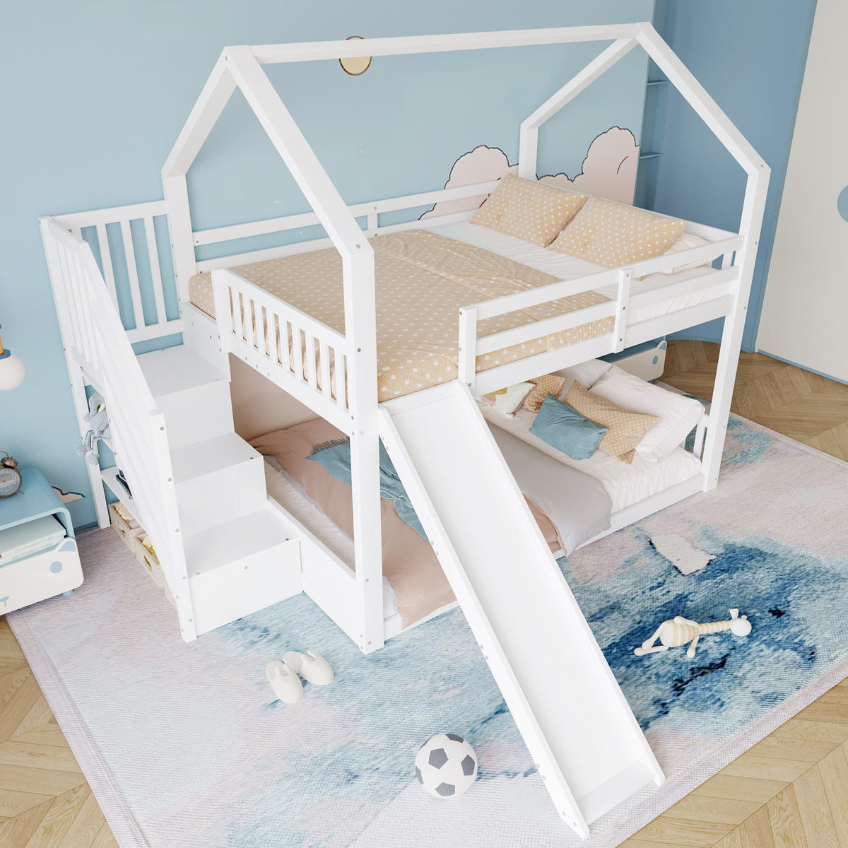 ETAGENBETT 140x200cm Weiß mit Stauraumtreppe und Rutsche Hausbett - Weiß, Holz (140/200cm) - FLIEKS