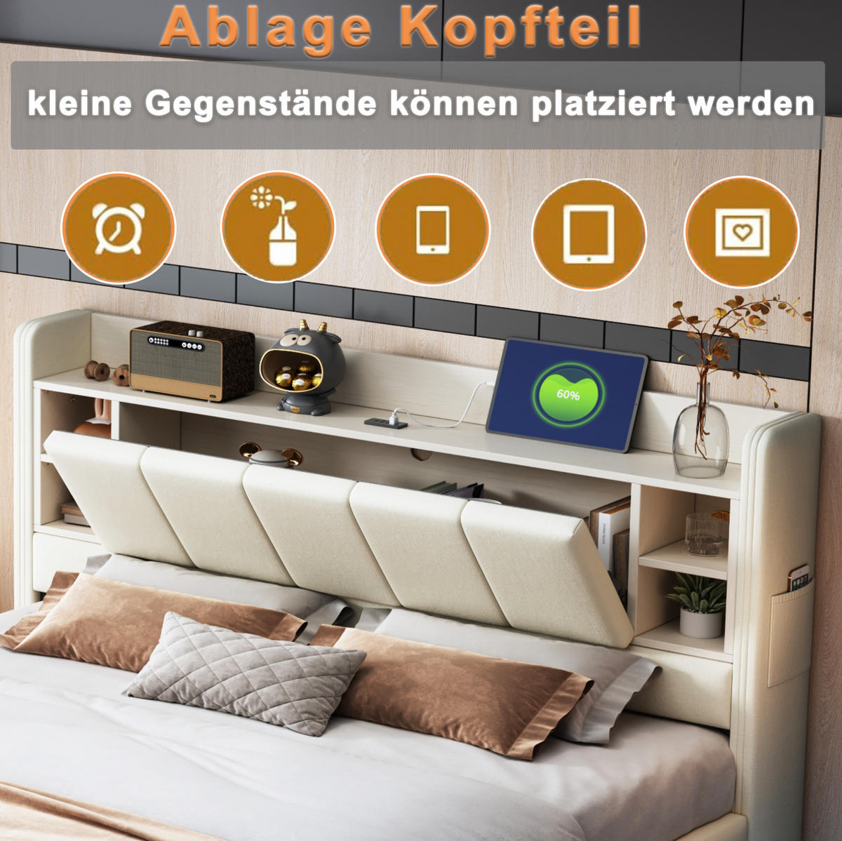 POLSTERBETT aus Leinenstoff 160x200 cm Beige mit LED-Lichtleiste, USB-Anschluss und Stauraum - Beige, Textil (160/200cm) - IVMEU