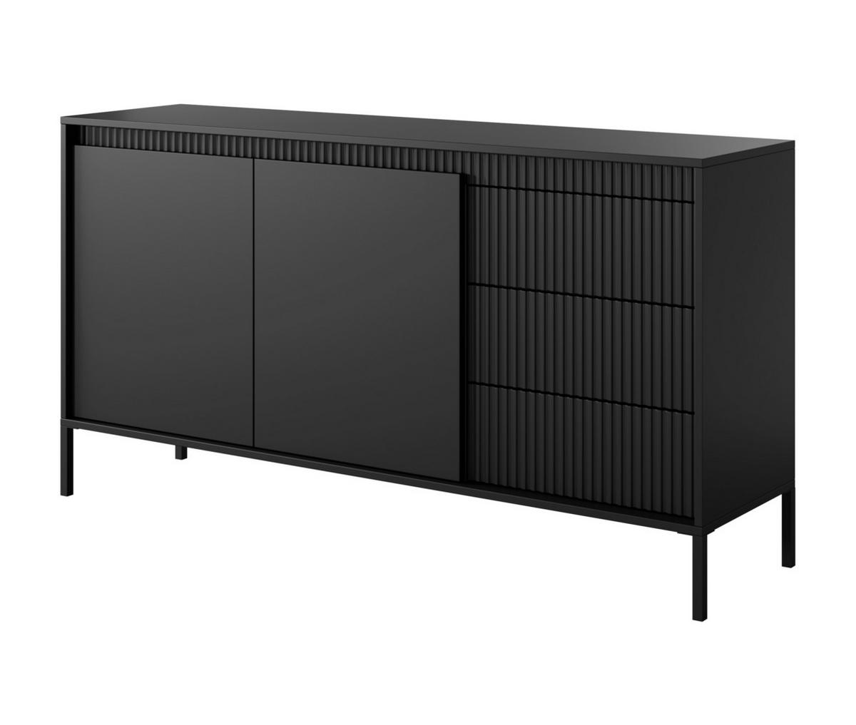 SIDEBOARD Trentinis 2T 3S Schwarz 153,5/81,4/39,5 cm – Geriffelten Fronten - Schwarz, Holzwerkstoff/Metall (153.5/81.4/39.5cm) - AX Living