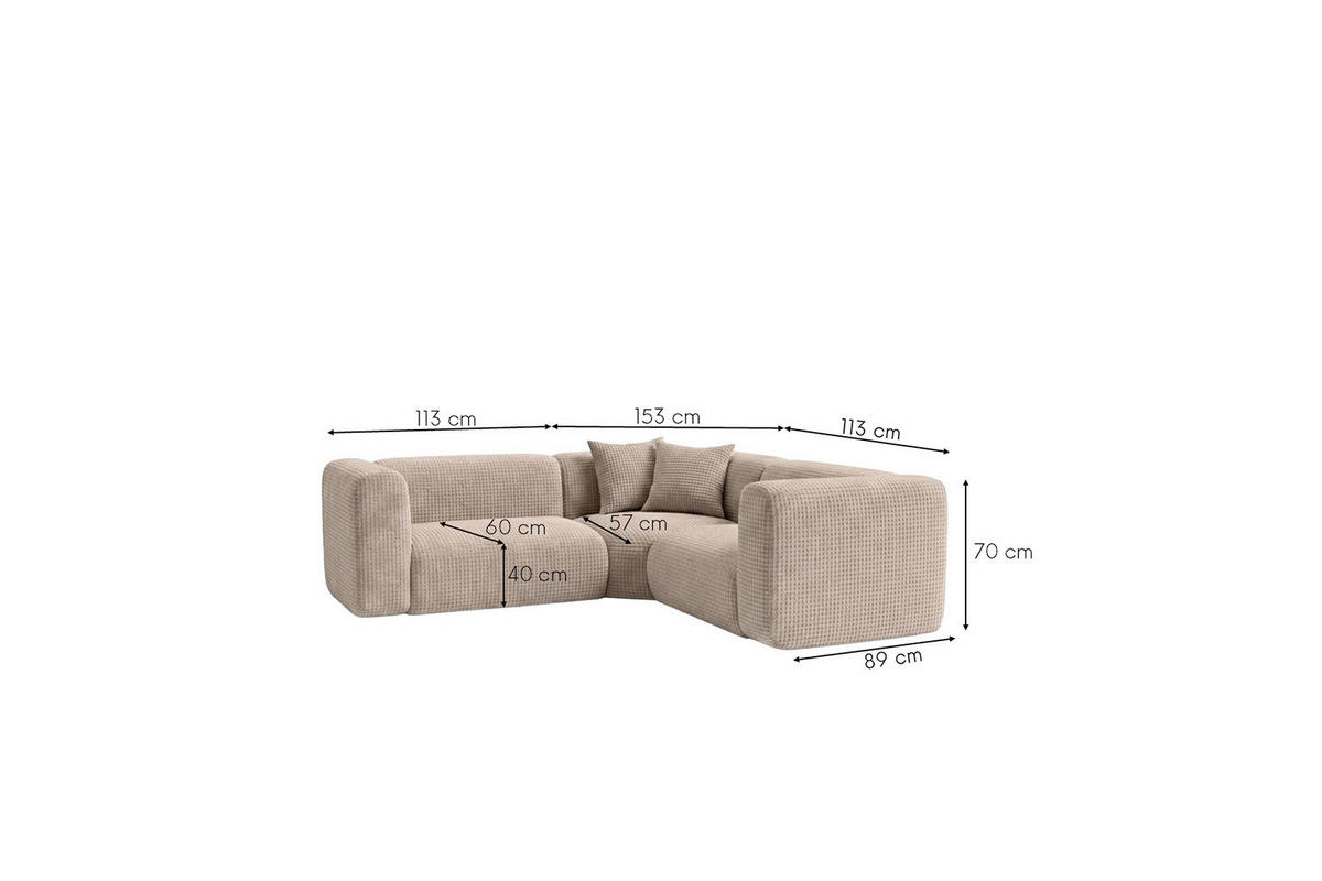 ECKSOFA Modulares, Corner mini, Chenille-Stoff Cremona, Beige, GRETA - Beige, Holz (380/190cm) - Kaiser Möbel