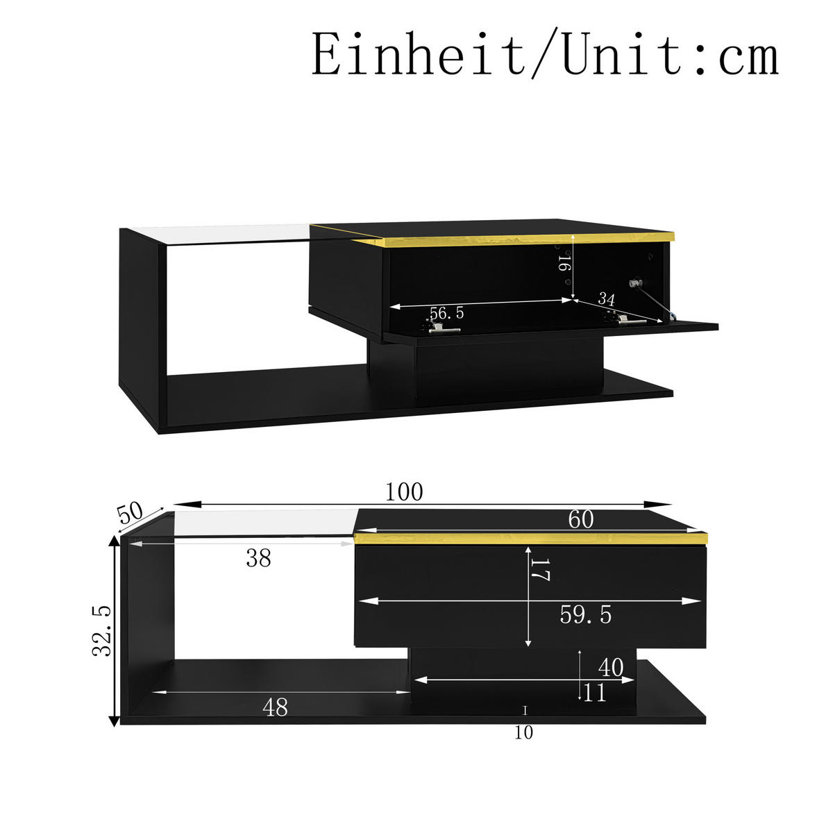 COUCHTISCH 100/50/32,5 cm in Hochglanz-Schwarz mit Glas und LED-Beleuchtung - Schwarz, Holzwerkstoff (100/50/32.5cm) - Flora Grace