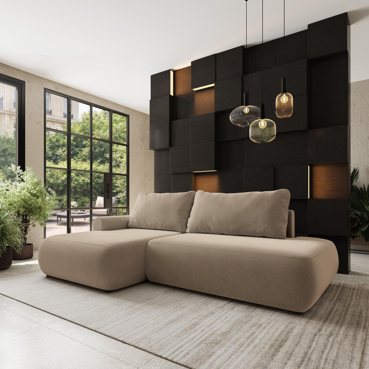 ECKSOFA NUVIRA CL L-S Beige Samtstoff mit Schlaffunktion - Beige, Holzwerkstoff/Textil (279/158cm) - MASSENO