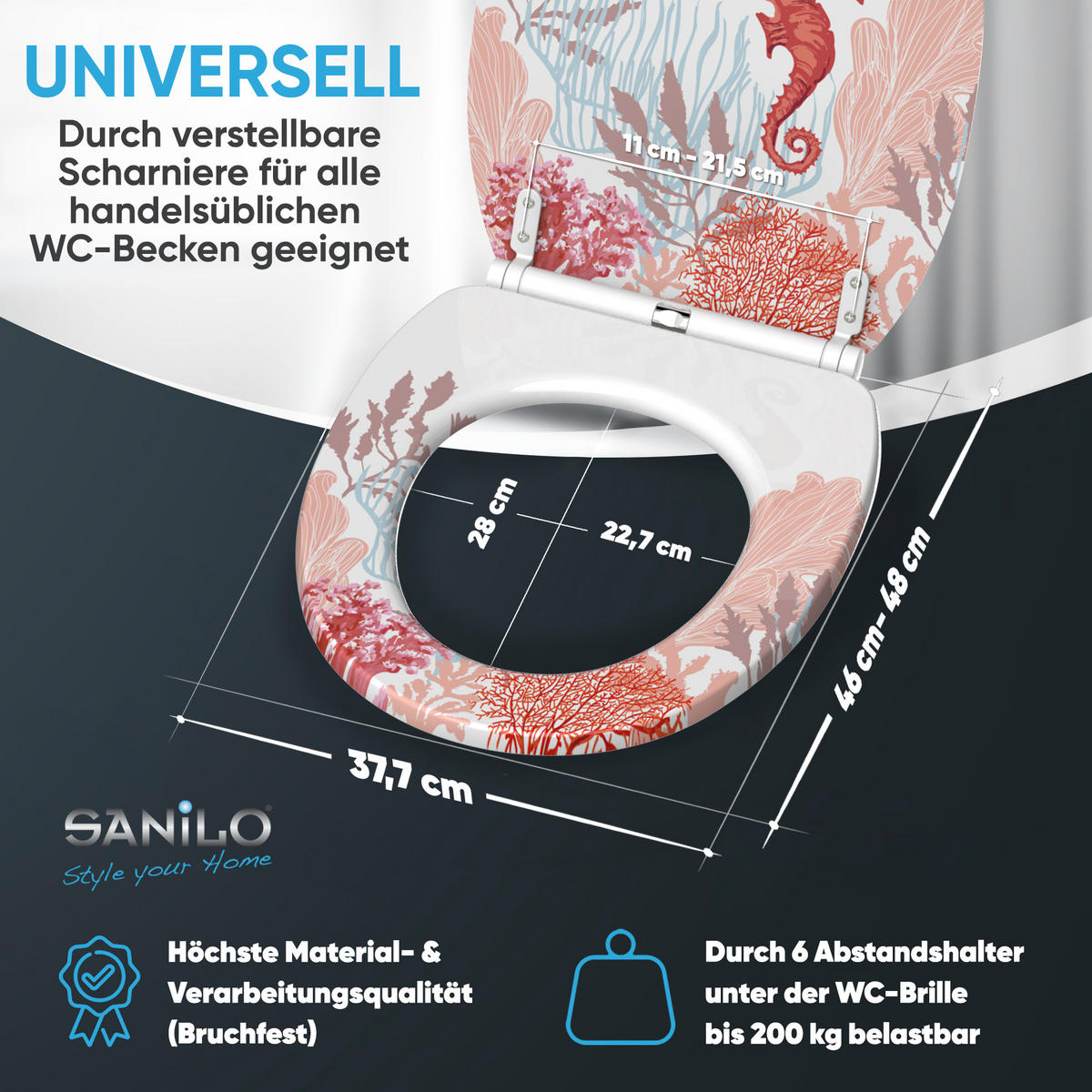 WC-SITZ mit Absenkautomatik & Top Fix Sea Horse - Weiß, Holzwerkstoff (37.7/5.5/48cm) - Sanilo