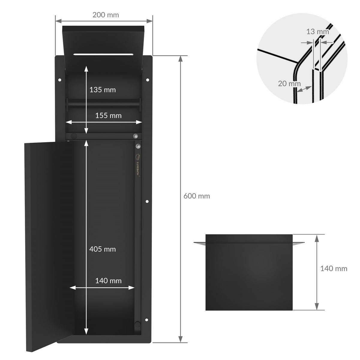 ZAPUŠTĚNÝ skříňkový modul WC z nerezové oceli, černý matný, 60 x 20 x 14 cm - černá, kov (14/60/20cm) - LuxeBath