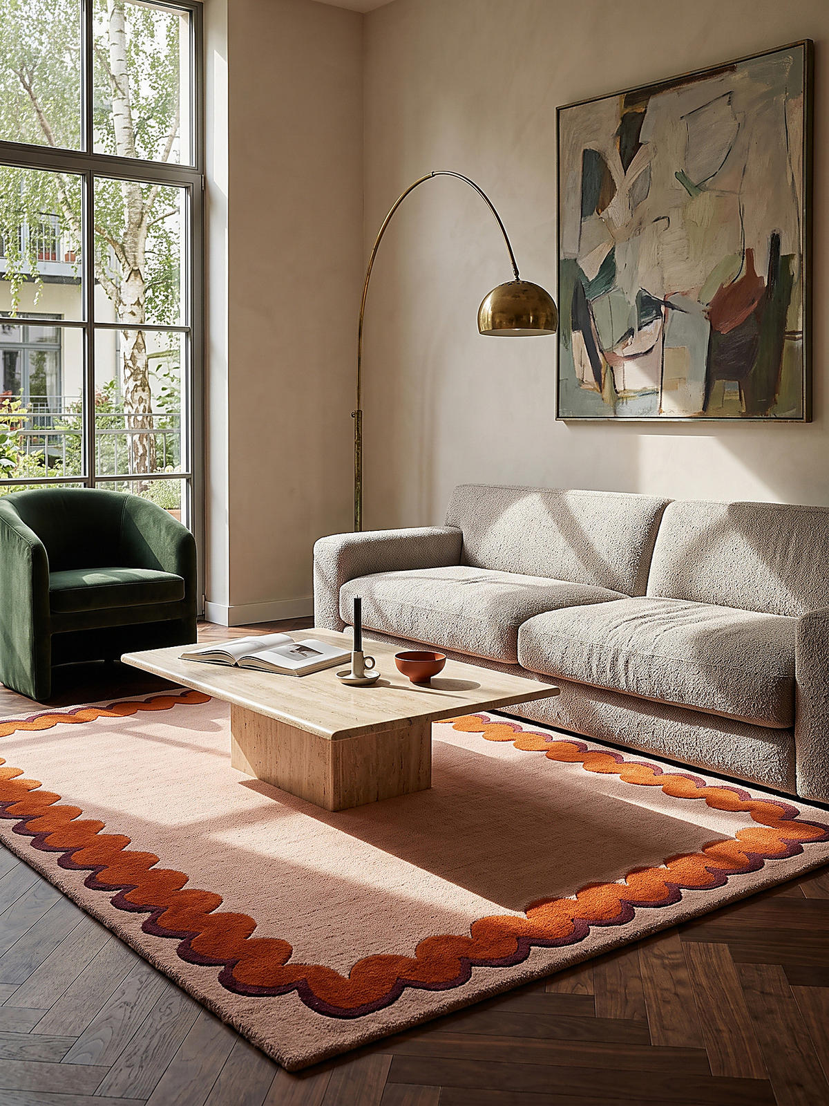 TEPPICH aus Wolle, handgetuftet, WAVENEY, in Orange, Zickzack-Wellenbordüre, 140 x 200 cm - Orange, Textil (140/200cm) - KADIMA DESIGN