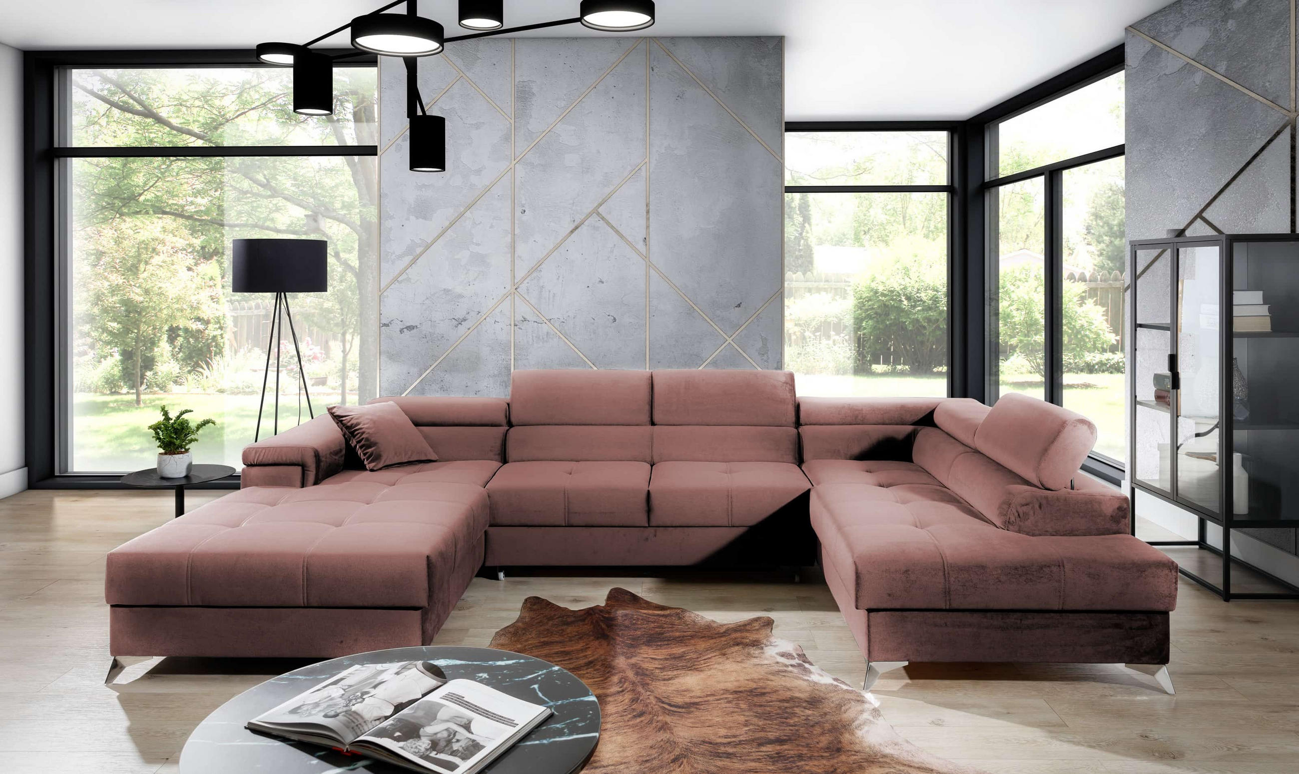 WOHNLANDSCHAFT mit Schlaffunktion und Bettkasten, Kronos-Stoff - Chromfarben/Rosa, Textil/Metall (202/90/345cm) - Eltap