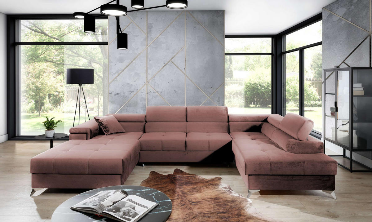 WOHNLANDSCHAFT mit Schlaffunktion und Bettkasten, Kronos-Stoff - Chromfarben/Rosa, Textil/Metall (202/90/345cm) - Eltap