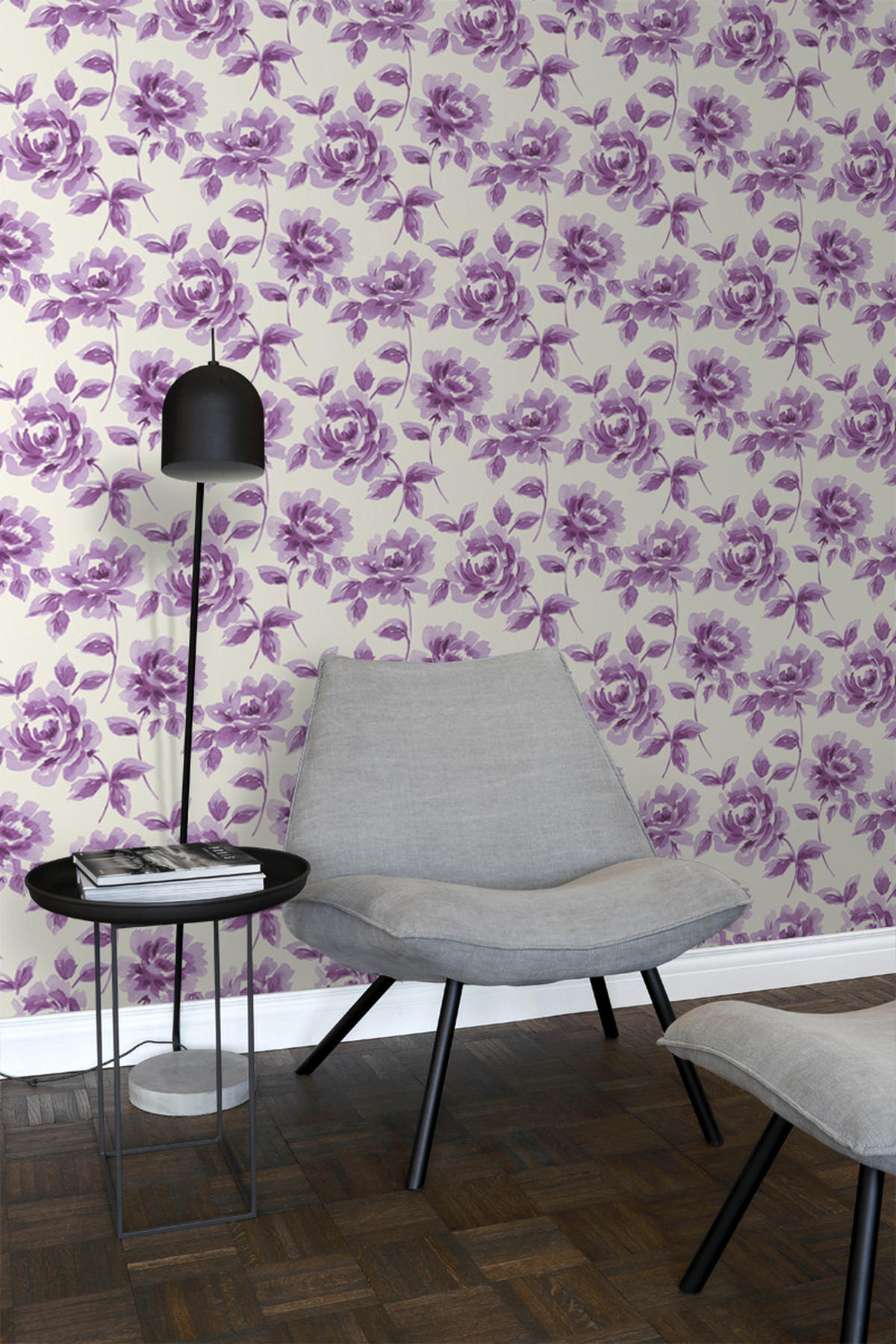 TAPETE Aquarell gemalte Rosen 53 cm x 10.05 m - Lila, Papier (53/1000cm) - ESTAhome