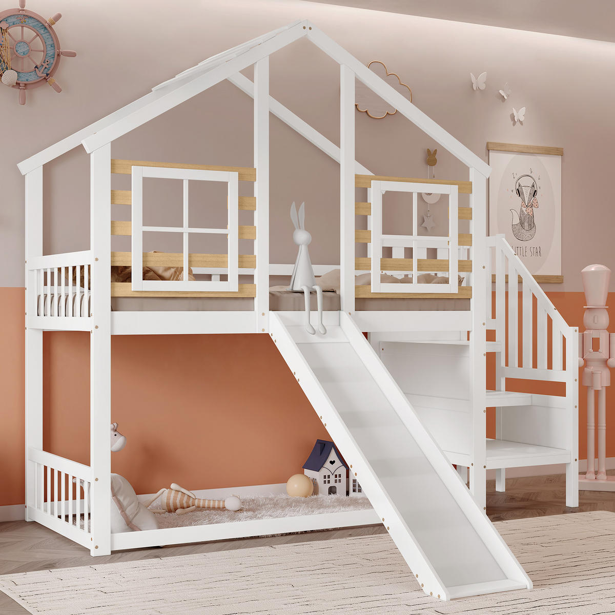 ETAGENBETT 90/200 cm in Weiß & Natur mit Rutsche, Fenster und Treppe Massivholz Blockhaus-Design - Weiß, Holz (90/200cm) - STILVORA