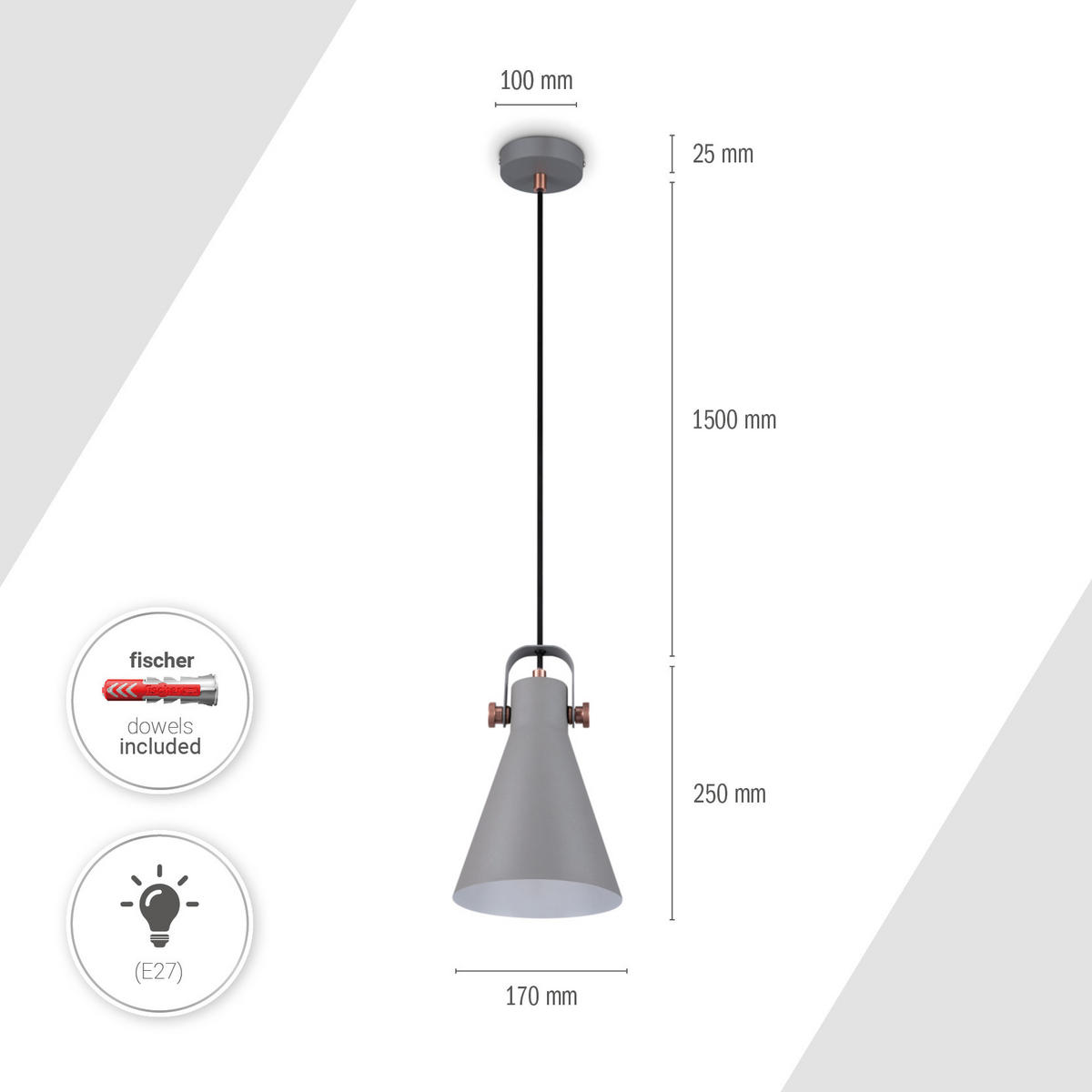 PENDELLEUCHTE Otto - Grau, Metall (17/17/25cm) - Paco Home