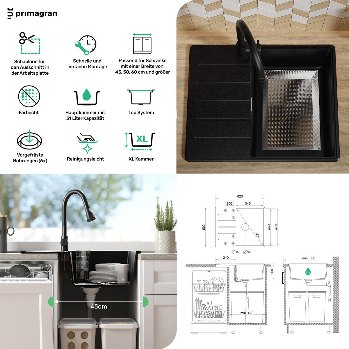 GRANITSPÜLE Kopenhagen, 2-er set Weiß 62/50 cm 1 Becken + Küchenarmatur 32/20 cm + Ablauf-Set + Schneidebrett ab 45er Unterschrank - Chromfarben/Beige, Kunststoff (62/20/50cm) - Primagran