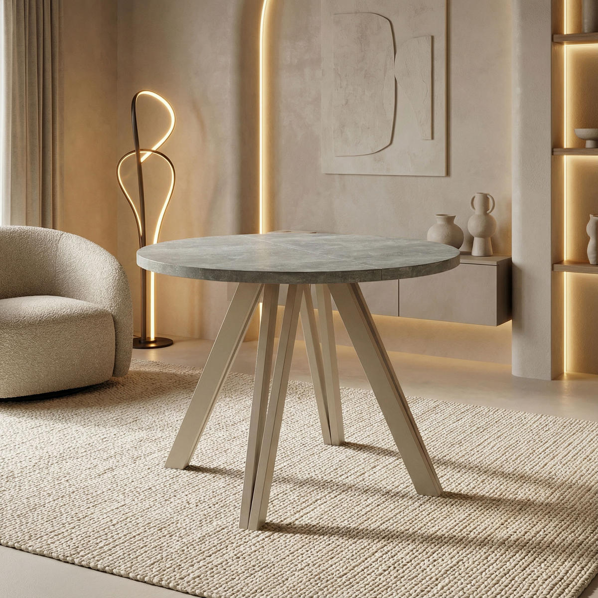 ESSTISCH Ravero runder ausziehbarer, Beton grau 100/100/77 cm - Kaschmir/Hellgrau, Holz/Holzwerkstoff (100/100/77cm) - WFL GROUP