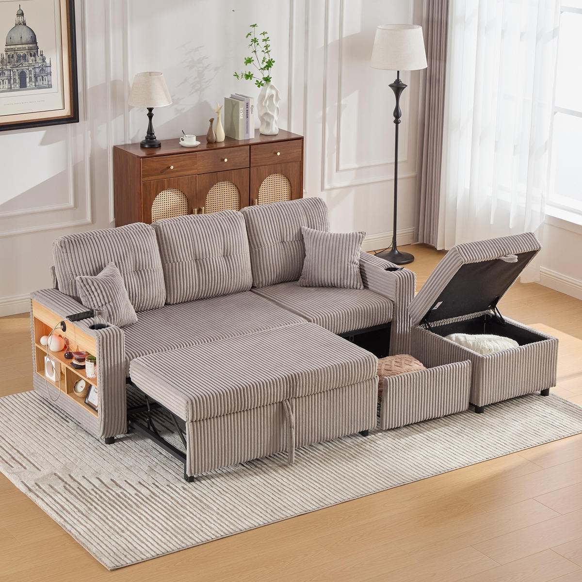 ECKSCHLAFSOFA 196/144/85 cm Hellgrau mit Stauraum, USB-C, Ambientebeleuchtung und Getränkehaltern - Hellgrau, Textil (196/82cm) - Oxeza