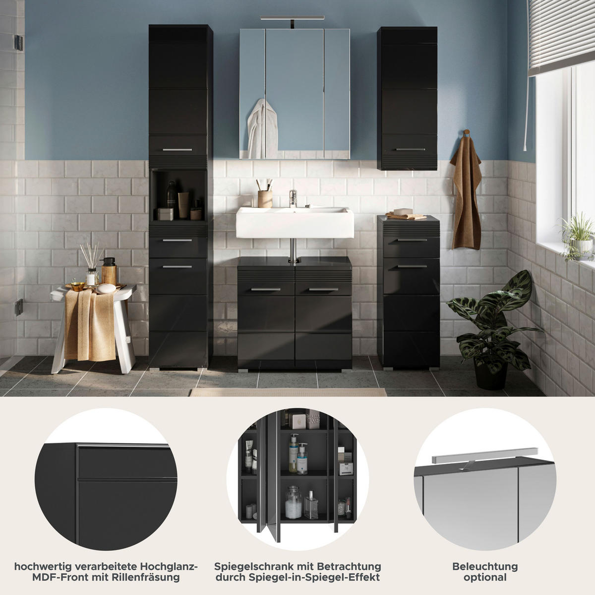 BADEZIMMER 5tlg. inkl. Beleuchtung Lino Bad in schwarz Nb. und schwarz HG B/H/T: 151x182x34 cm - Schwarz, Holz (151/182/34cm)